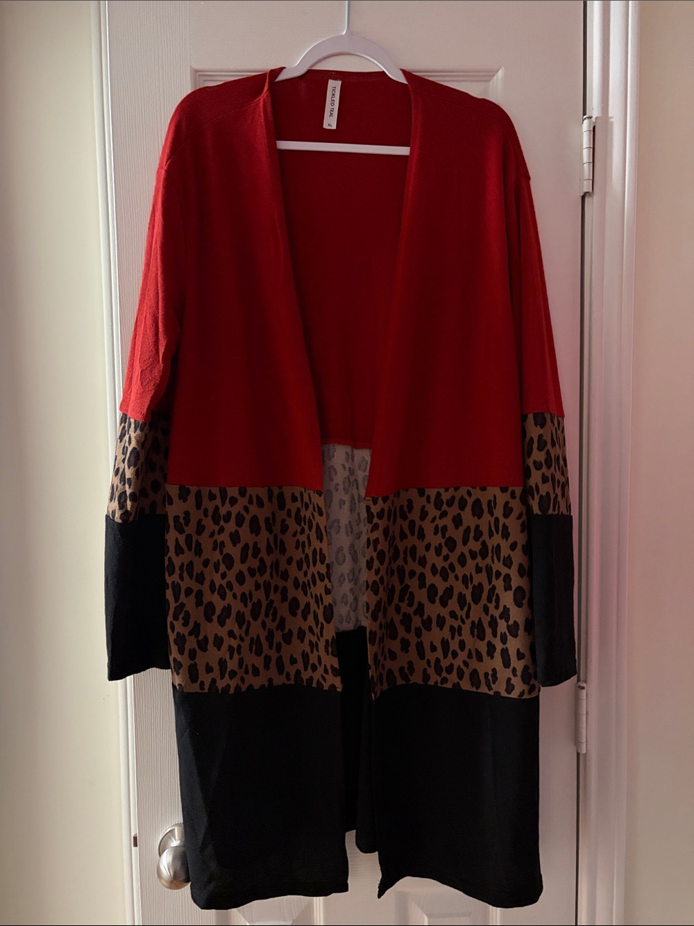 EUC Tickled Teal Red, Leopard, Black Color Block Open Front Long Cardigan Xl